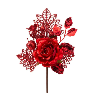 Weihnachtszweig MAGICHOME, mit Rose, Rot, 25,5 cm