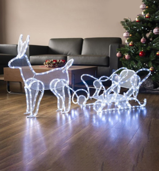 LED Dekoration MAGICHOME WEIHNACHTSRENTIER MIT SCHLITTEN, 312 LEDs, kaltwei, 59x132x30 cm