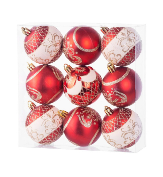 MAGICHOME WEIHNACHTSKUGELN, 9 Stck, rot mit Ornament, 6 cm