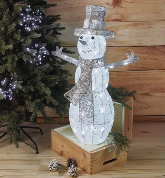 LED Weihnachts-SCHNEEMANN, Rattan, 82 cm, 80 LEDs, Indoor, kaltwei, Timer