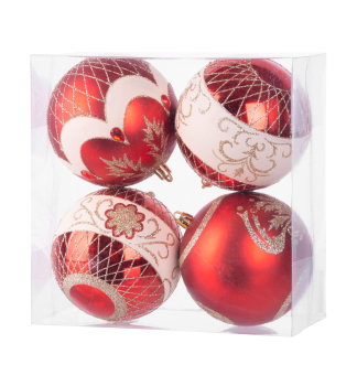 MAGICHOME WEIHNACHTSKUGELN, 4 Stck, rot mit Ornament, 10 cm