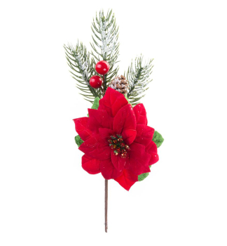 Weihnachtszweig MAGICHOME, mit Blume, Rot, 22 cm