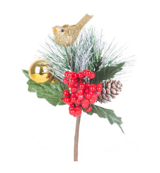 Weihnachtszweig MAGICHOME, mit einem Vogel, Rot-Gold, 16 cm