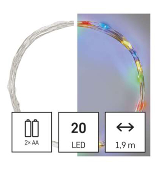 LED Weihnachtliche Nano-Kette, Innen, 20 LEDs, mehrfarbig, 2xAA, Timer, 1,9 m